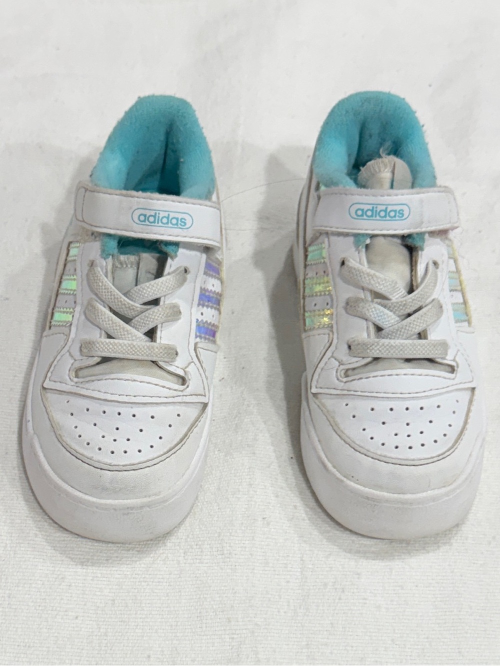 adidas Kids White Sneakers with Teal Lining and Iridescent Stripes